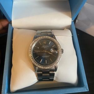 Rolex oyster perpetual date navy blue dial with custom Diamond bezel 34mm